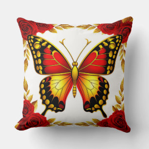 Goldener Schmetterling mit roten Rosen und goldene Kissen
