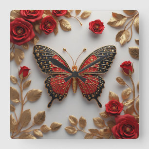 Goldener Schmetterling mit roten Rosen und goldene Quadratische Wanduhr