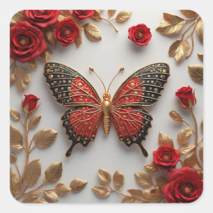 Goldener Schmetterling mit roten Rosen und goldene Quadratischer Aufkleber