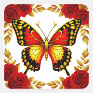Goldener Schmetterling mit roten Rosen und goldene Quadratischer Aufkleber