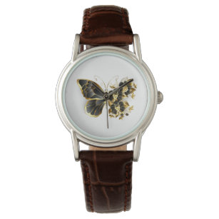 Goldener Schmetterling mit schwarzem Orchid Armbanduhr