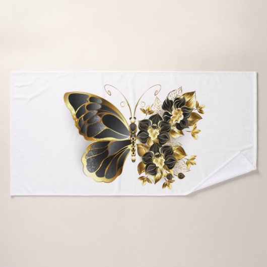 Goldener Schmetterling mit schwarzem Orchid Badehandtuch (Badehandtuch)