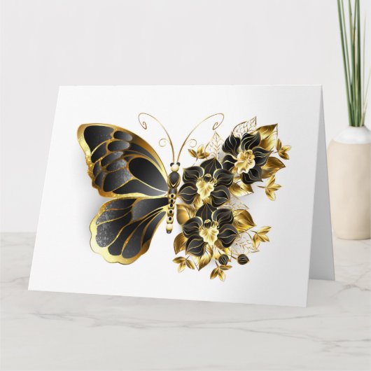 Goldener Schmetterling mit schwarzem Orchid Dankeskarte (Vorderseite)