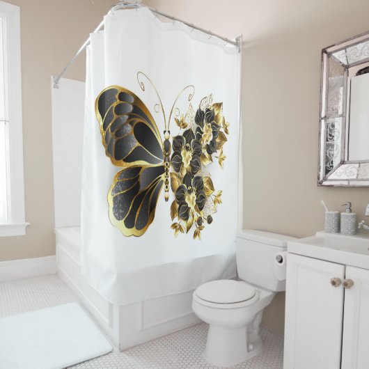 Goldener Schmetterling mit schwarzem Orchid Duschvorhang (Beispiel)