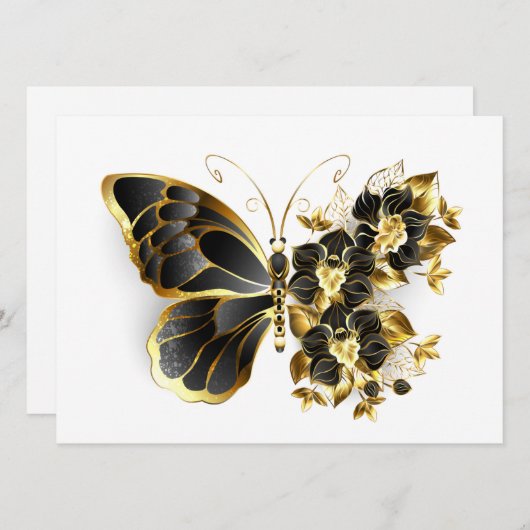 Goldener Schmetterling mit schwarzem Orchid Einladung (Vorne/Hinten)