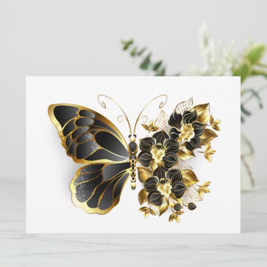 Goldener Schmetterling mit schwarzem Orchid Einladung (Stehend Vorderseite)