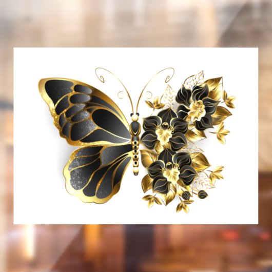 Goldener Schmetterling mit schwarzem Orchid Fensteraufkleber (Blatt 2)