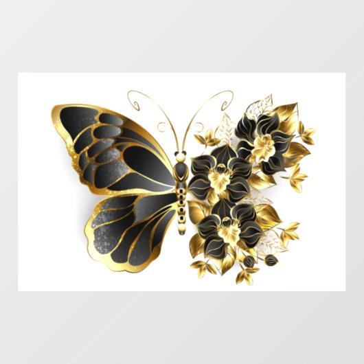 Goldener Schmetterling mit schwarzem Orchid Fensteraufkleber (Blatt)