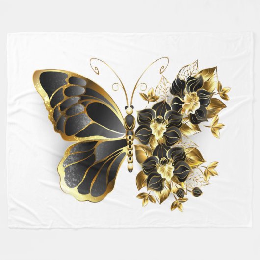 Goldener Schmetterling mit schwarzem Orchid Fleecedecke (Vorderseite (Horizontal))