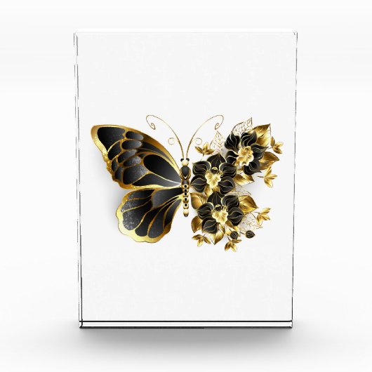Goldener Schmetterling mit schwarzem Orchid Fotoblock (Vorderseite)