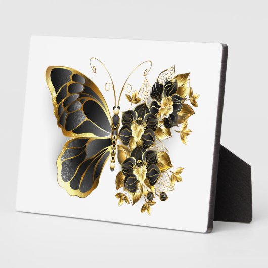 Goldener Schmetterling mit schwarzem Orchid Fotoplatte (Seite)