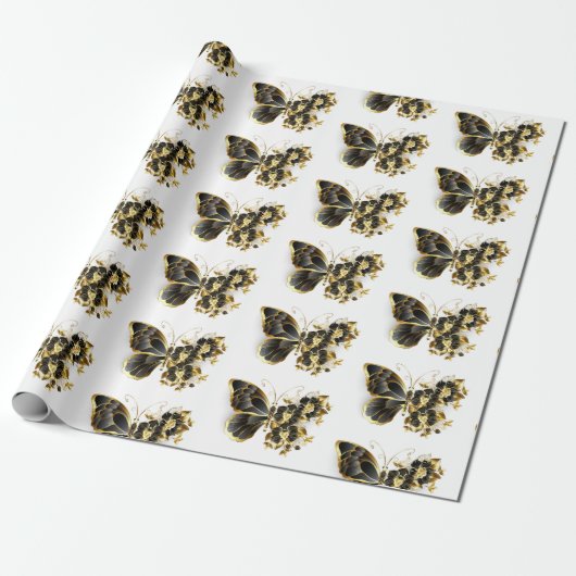 Goldener Schmetterling mit schwarzem Orchid Geschenkpapier (Ungerollt)