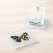 Goldener Schmetterling mit schwarzem Orchid Glasuntersetzer (Schrägansicht)