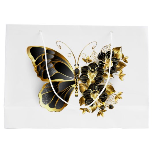 Goldener Schmetterling mit schwarzem Orchid Große Geschenktüte (Rückseite)