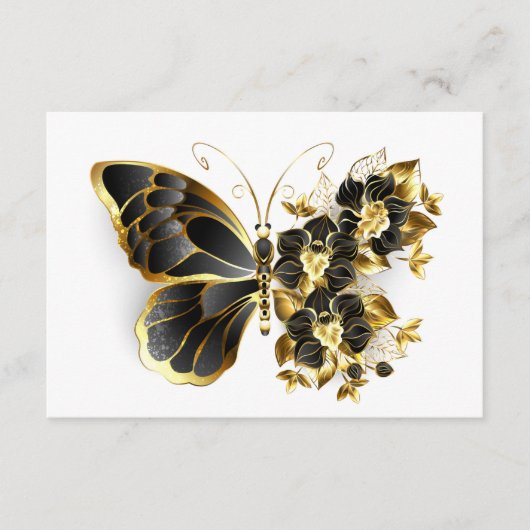 Goldener Schmetterling mit schwarzem Orchid Hinweiskarte (Vorderseite)