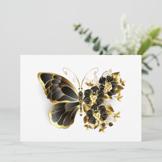 Goldener Schmetterling mit schwarzem Orchid Hinweiskarte (Stehend Vorderseite)