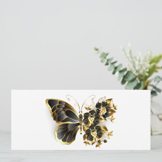 Goldener Schmetterling mit schwarzem Orchid Hinweiskarte (Stehend Vorderseite)