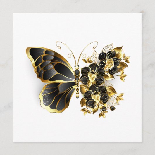 Goldener Schmetterling mit schwarzem Orchid Hinweiskarte (Vorderseite)