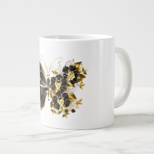 Goldener Schmetterling mit schwarzem Orchid Jumbo-Tasse (Vorderseite Rechts)