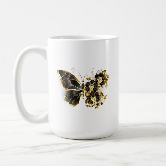 Goldener Schmetterling mit schwarzem Orchid Kaffeetasse (Links)