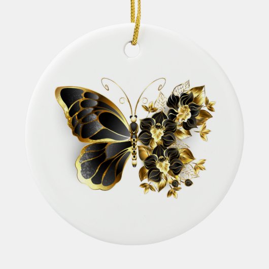 Goldener Schmetterling mit schwarzem Orchid Keramik Ornament (Vorne)