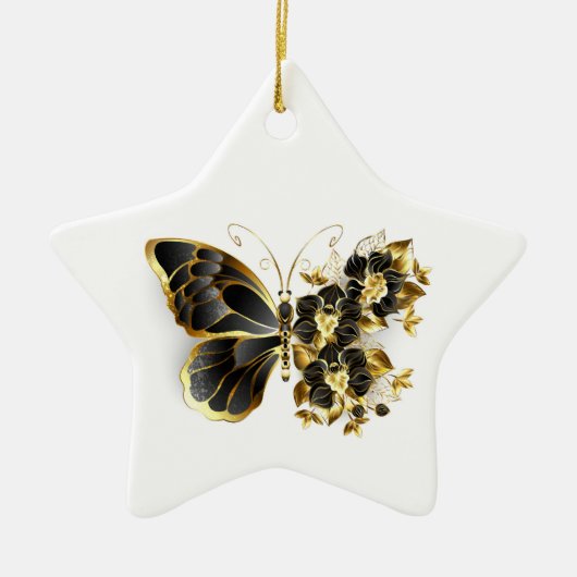 Goldener Schmetterling mit schwarzem Orchid Keramik Ornament (Vorne)