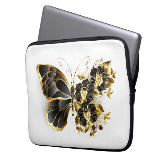 Goldener Schmetterling mit schwarzem Orchid Laptopschutzhülle (Vorderseite Links)