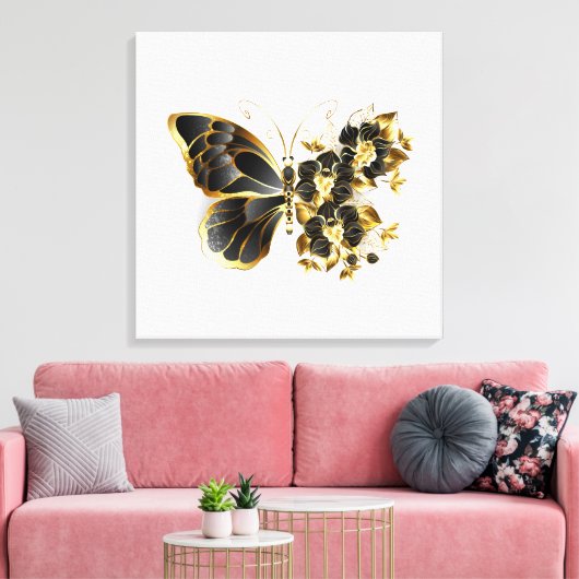 Goldener Schmetterling mit schwarzem Orchid Leinwanddruck (Insitu (Wohnzimmer))
