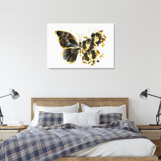 Goldener Schmetterling mit schwarzem Orchid Leinwanddruck (Insitu (Schlafzimmer))