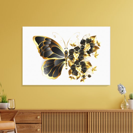 Goldener Schmetterling mit schwarzem Orchid Leinwanddruck (Insitu (Wohnzimmer))