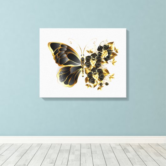 Goldener Schmetterling mit schwarzem Orchid Leinwanddruck (Insitu (Holzboden))