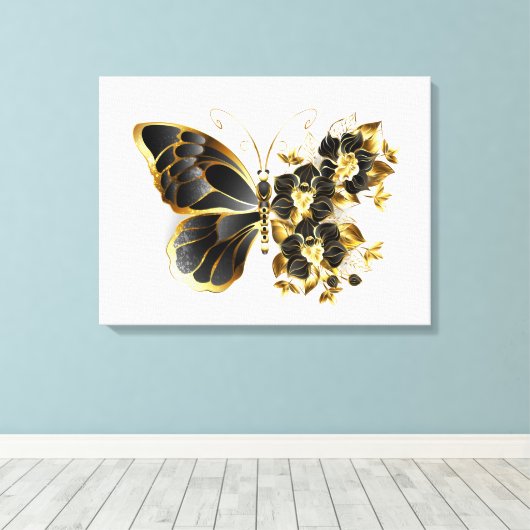 Goldener Schmetterling mit schwarzem Orchid Leinwanddruck (Insitu (Holzboden))