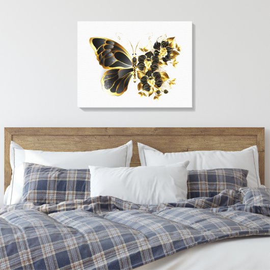 Goldener Schmetterling mit schwarzem Orchid Leinwanddruck (Insitu (Schlafzimmer))