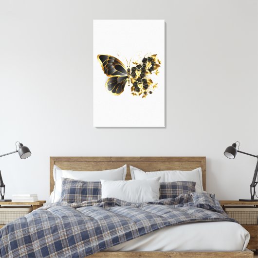 Goldener Schmetterling mit schwarzem Orchid Leinwanddruck (Insitu (Schlafzimmer))
