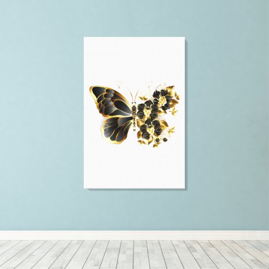 Goldener Schmetterling mit schwarzem Orchid Leinwanddruck (Insitu (Holzboden))
