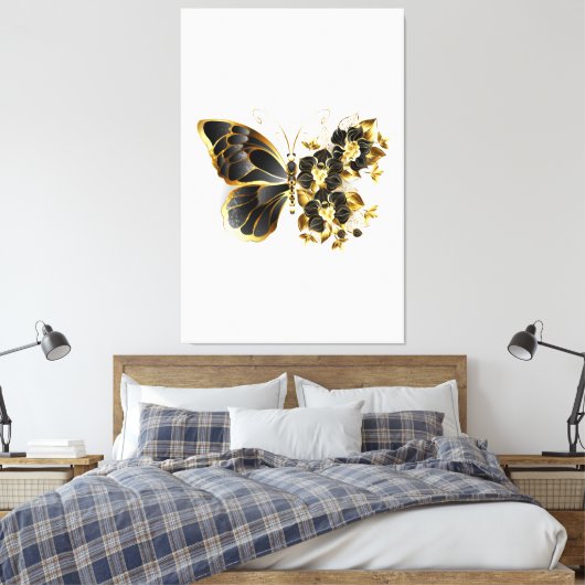 Goldener Schmetterling mit schwarzem Orchid Leinwanddruck (Insitu (Schlafzimmer))