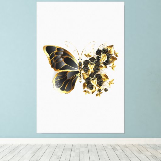 Goldener Schmetterling mit schwarzem Orchid Leinwanddruck (Insitu (Holzboden))
