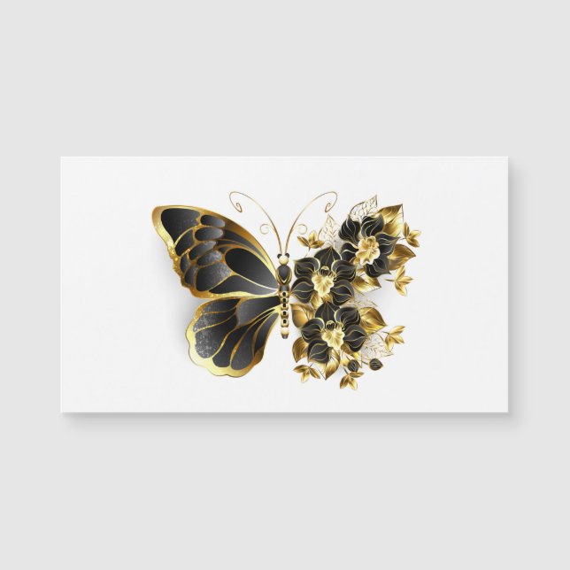 Goldener Schmetterling mit schwarzem Orchid Magnetkarte (Vorderseite)