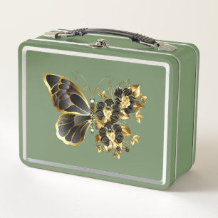 Goldener Schmetterling mit schwarzem Orchid Metall Brotdose