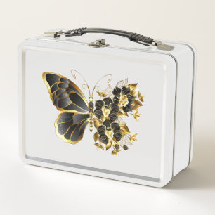 Goldener Schmetterling mit schwarzem Orchid Metall Brotdose