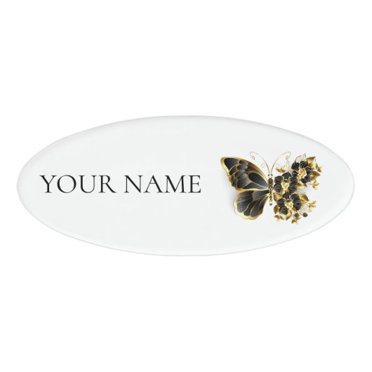 Goldener Schmetterling mit schwarzem Orchid Namenschild (Vorderseite)