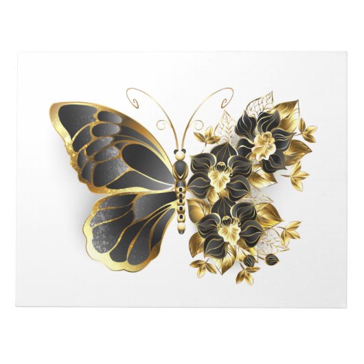 Goldener Schmetterling mit schwarzem Orchid Notizblock (Vorderseite)