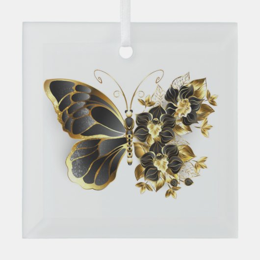 Goldener Schmetterling mit schwarzem Orchid Ornament Aus Glas (Vorderseite)