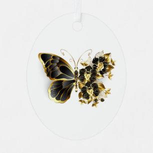 Goldener Schmetterling mit schwarzem Orchid Ornament Aus Metall