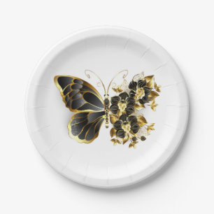 Goldener Schmetterling mit schwarzem Orchid Pappteller