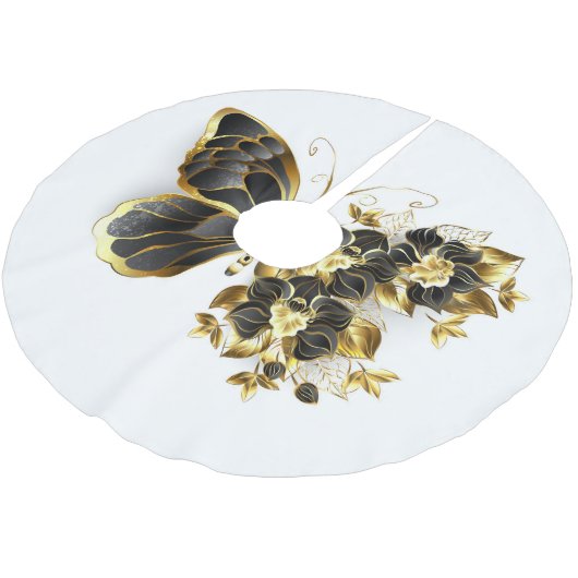 Goldener Schmetterling mit schwarzem Orchid Polyester Weihnachtsbaumdecke (Schrägansicht)