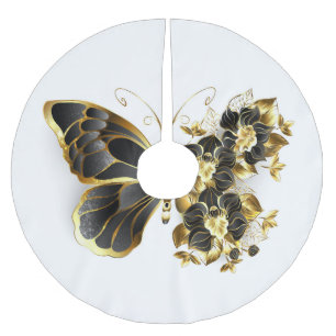 Goldener Schmetterling mit schwarzem Orchid Polyester Weihnachtsbaumdecke