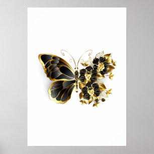 Goldener Schmetterling mit schwarzem Orchid Poster