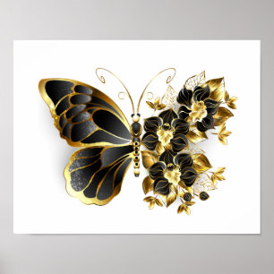 Goldener Schmetterling mit schwarzem Orchid Poster