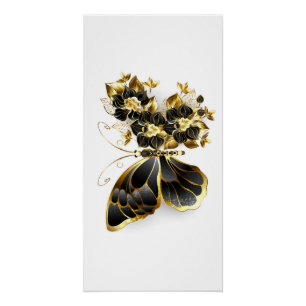 Goldener Schmetterling mit schwarzem Orchid Poster